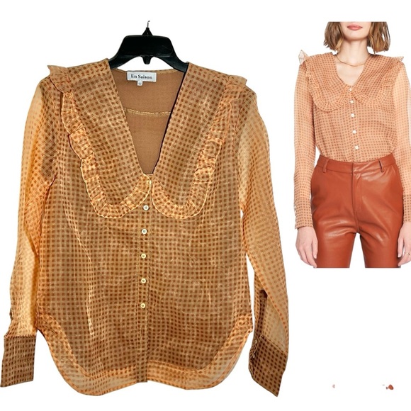 En Saison Size L Check Print Sheer Long Sleeve Blouse Ruffle Collar Lined Button - Picture 1 of 13